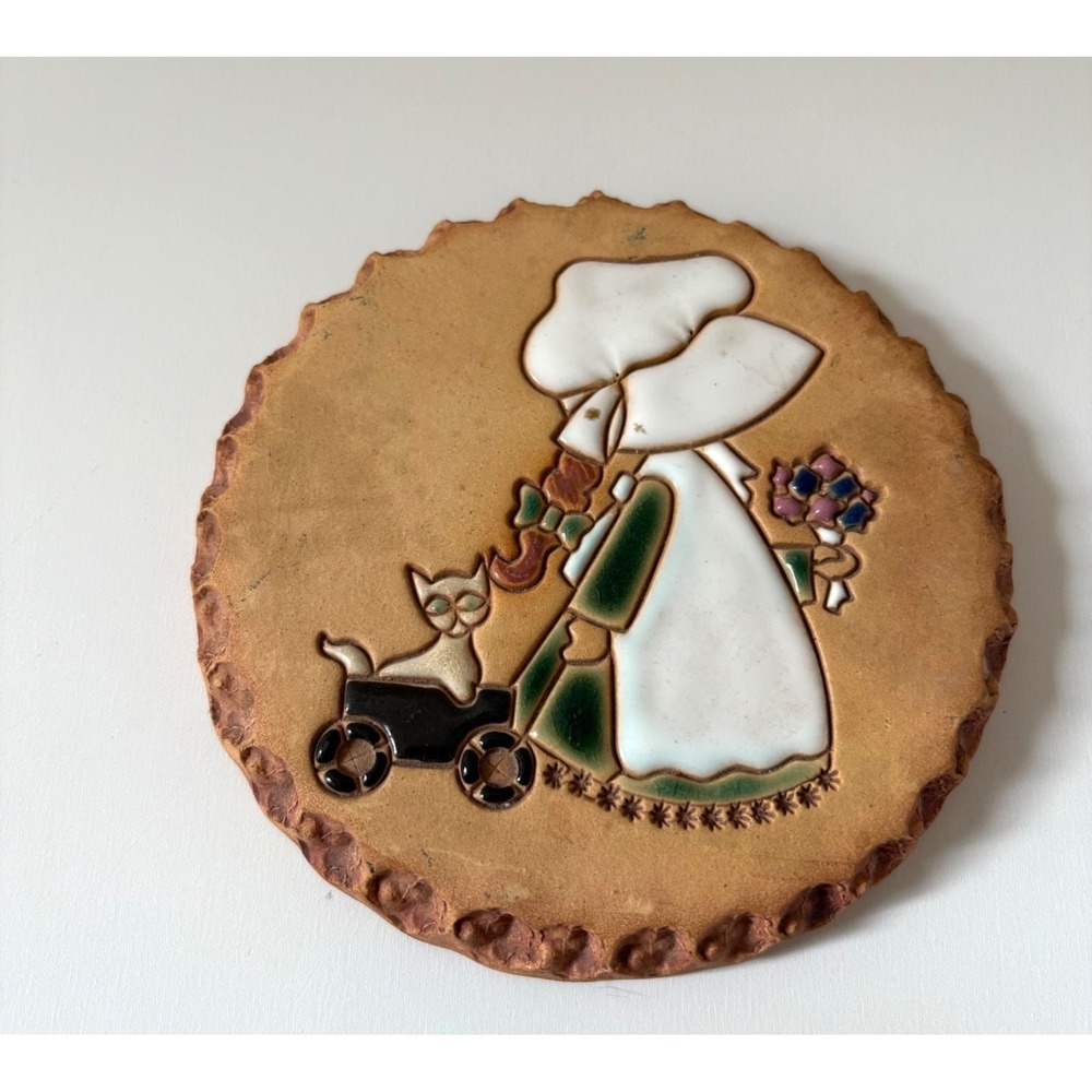 Vintage Ceramic Bread Tile Girl Pulling Cat Holly Hobbie Cottage Prairie